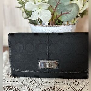 Coach Chelsea Black Signature Turn Lock Envelope Checkbook Wallet Clutch